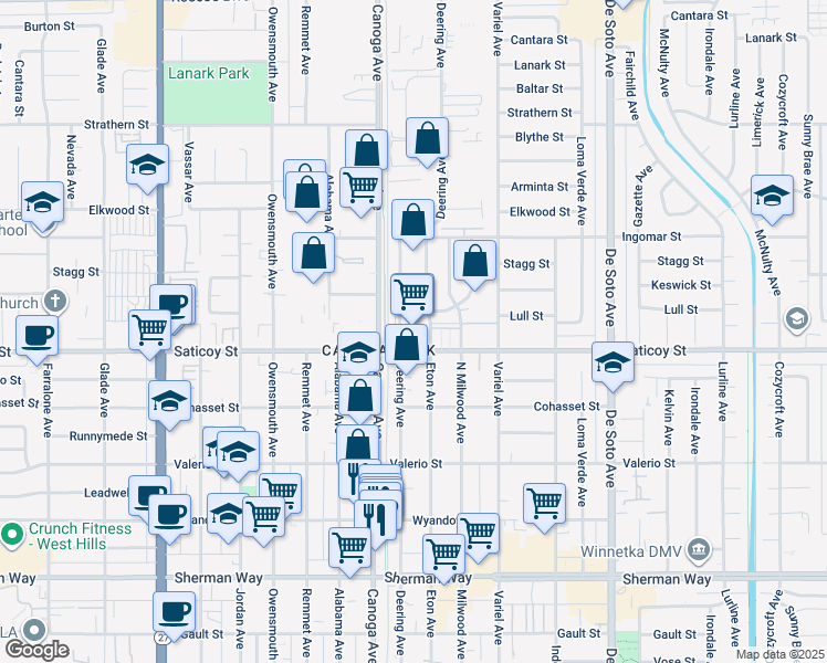 map of restaurants, bars, coffee shops, grocery stores, and more near 21315 Saticoy Street in Los Angeles