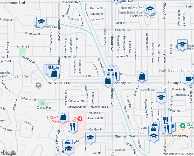 map of restaurants, bars, coffee shops, grocery stores, and more near 22908 Lull Street in Los Angeles