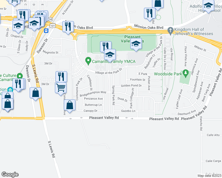 map of restaurants, bars, coffee shops, grocery stores, and more near 382 Village Commons Boulevard in Camarillo