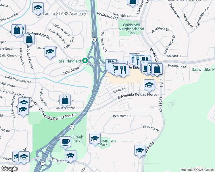 map of restaurants, bars, coffee shops, grocery stores, and more near 2205 Moss Court in Thousand Oaks