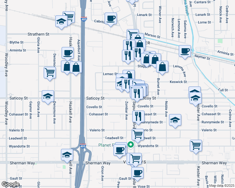 map of restaurants, bars, coffee shops, grocery stores, and more near 15401 Saticoy Street in Van Nuys
