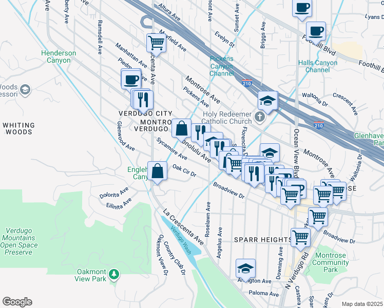 map of restaurants, bars, coffee shops, grocery stores, and more near 2640 Honolulu Avenue in Glendale