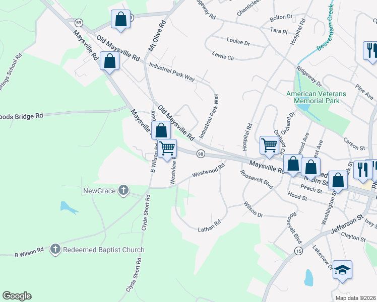map of restaurants, bars, coffee shops, grocery stores, and more near 3072 Maysville Highway in Commerce