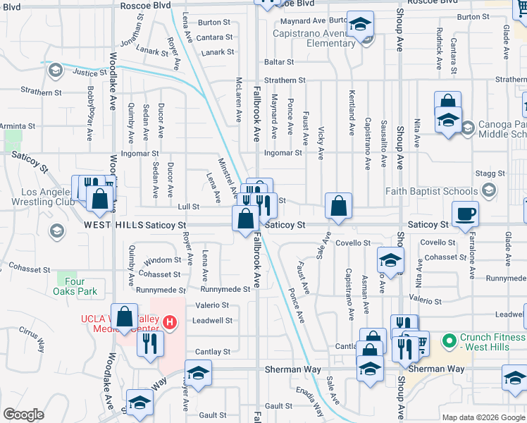 map of restaurants, bars, coffee shops, grocery stores, and more near 7619 Maynard Avenue in Los Angeles