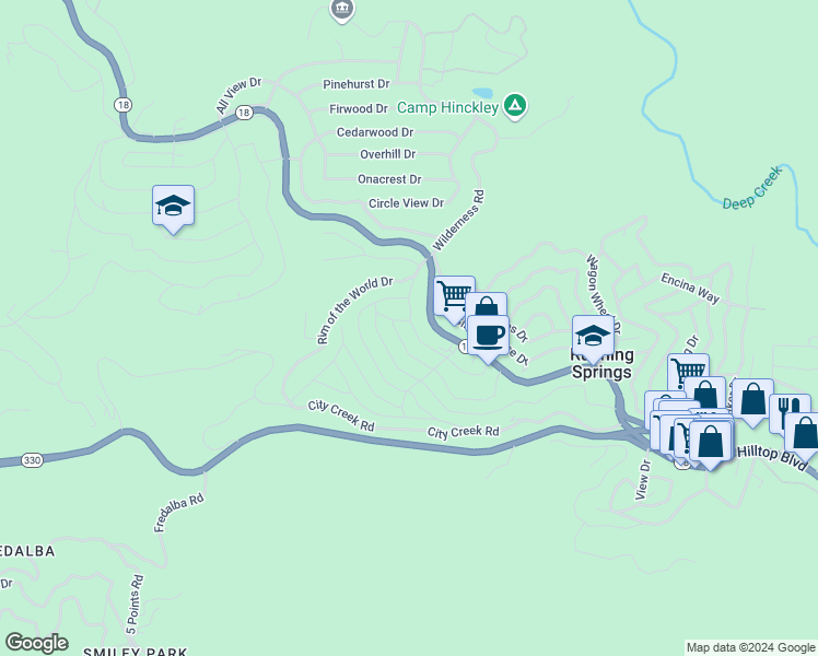 map of restaurants, bars, coffee shops, grocery stores, and more near 31483 Pleasant Drive in Big Bear