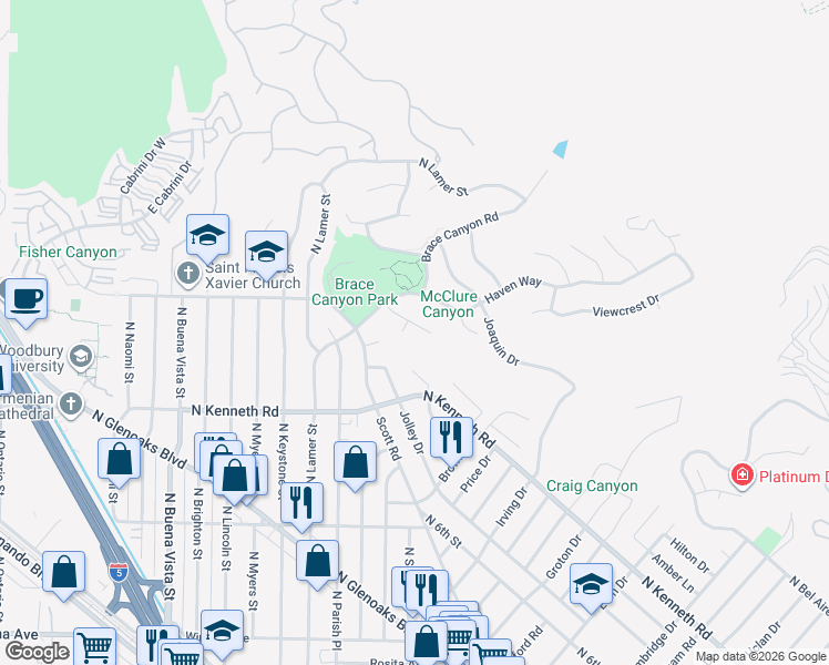 map of restaurants, bars, coffee shops, grocery stores, and more near 3111 Amigos Drive in Burbank