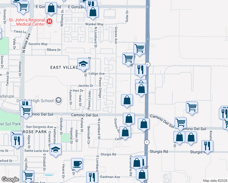 map of restaurants, bars, coffee shops, grocery stores, and more near 716 Calle Vista Verde in Oxnard