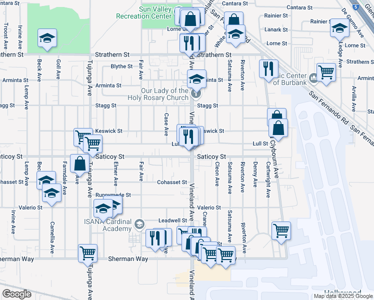 map of restaurants, bars, coffee shops, grocery stores, and more near 7617 Vineland Avenue in Los Angeles
