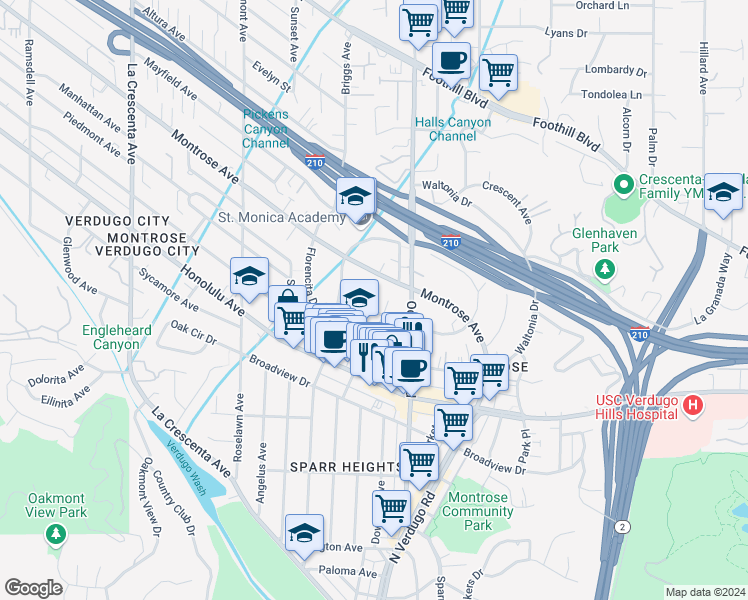 map of restaurants, bars, coffee shops, grocery stores, and more near 2345 Miravista Avenue in La Crescenta-Montrose