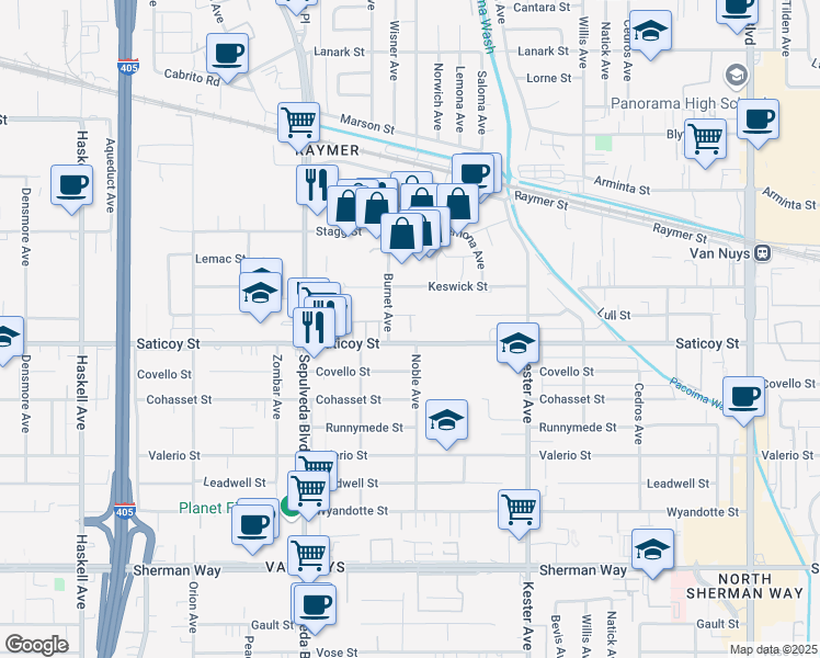 map of restaurants, bars, coffee shops, grocery stores, and more near 15125 Saticoy Street in Los Angeles