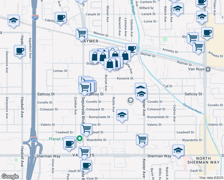 map of restaurants, bars, coffee shops, grocery stores, and more near 15113 Saticoy Street in Los Angeles