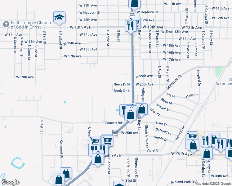 map of restaurants, bars, coffee shops, grocery stores, and more near 4012 Neely Drive South in Pine Bluff