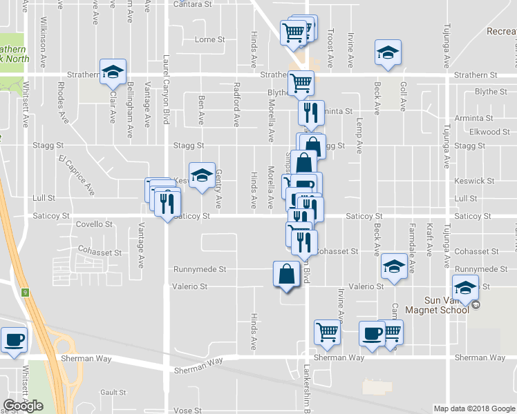 map of restaurants, bars, coffee shops, grocery stores, and more near 7612 Hinds Avenue in Los Angeles