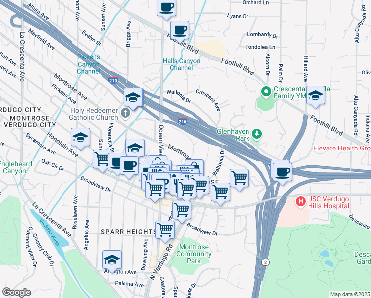 map of restaurants, bars, coffee shops, grocery stores, and more near 2217 Montrose Avenue in La Crescenta-Montrose