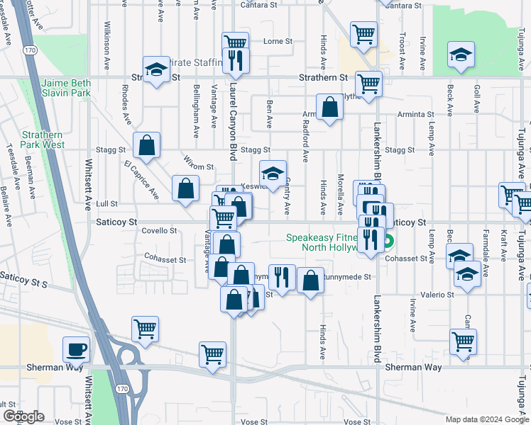 map of restaurants, bars, coffee shops, grocery stores, and more near 7611 Ben Avenue in Los Angeles