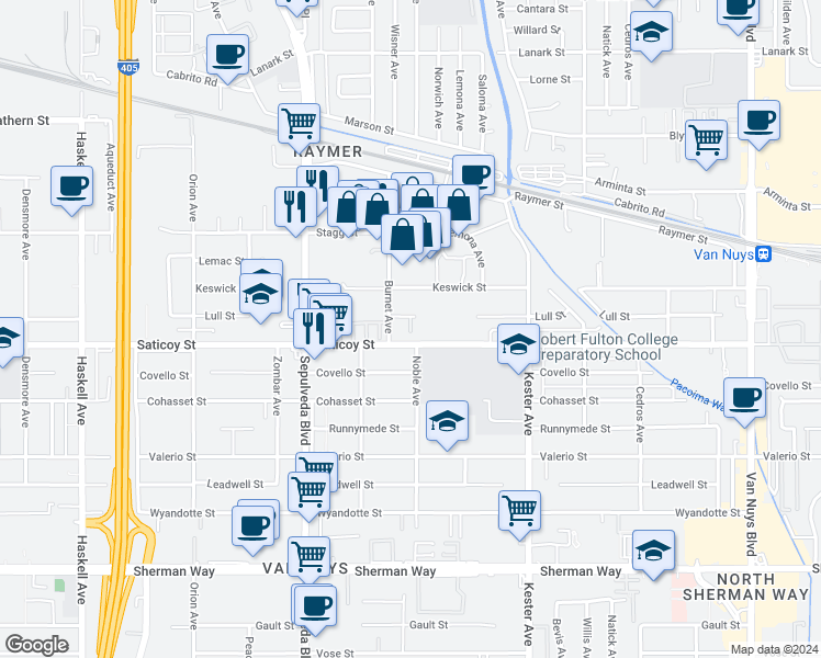 map of restaurants, bars, coffee shops, grocery stores, and more near 15113 Saticoy Street in Los Angeles