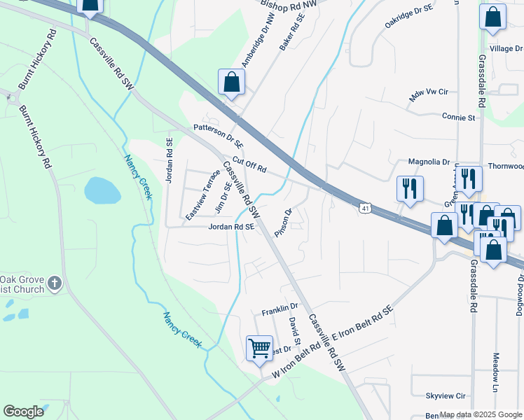 map of restaurants, bars, coffee shops, grocery stores, and more near 825 Cassville Road Southwest in Cartersville