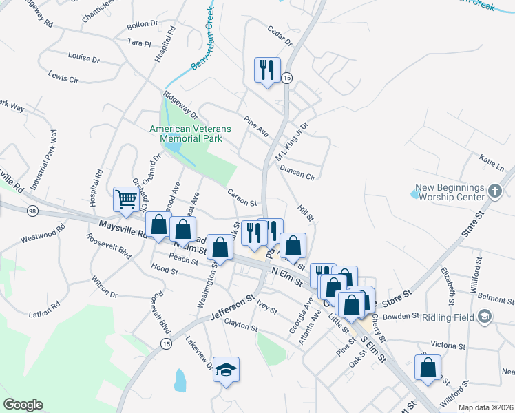 map of restaurants, bars, coffee shops, grocery stores, and more near 27 Carson Street in Commerce