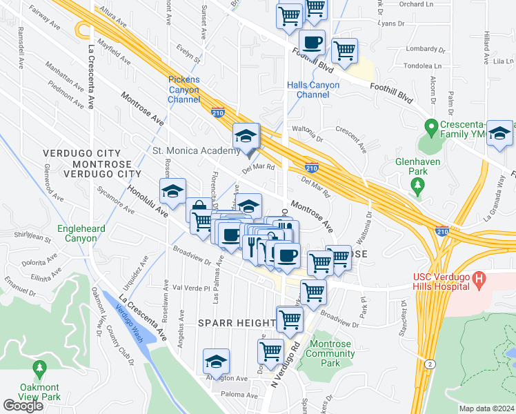 map of restaurants, bars, coffee shops, grocery stores, and more near 2345 Miravista Avenue in La Crescenta-Montrose