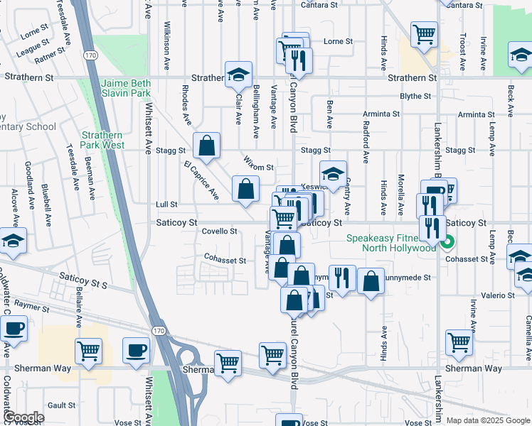 map of restaurants, bars, coffee shops, grocery stores, and more near 7617 Lily Way in Los Angeles