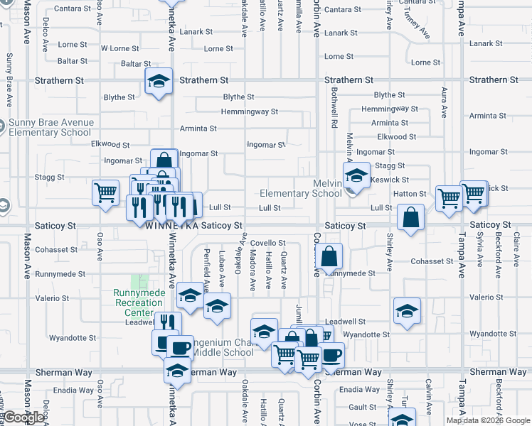 map of restaurants, bars, coffee shops, grocery stores, and more near 19828 Lull Street in Los Angeles