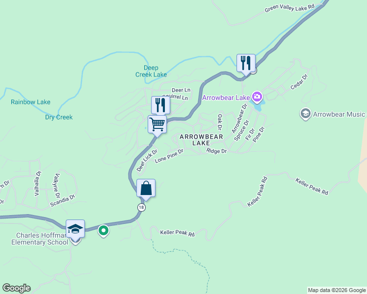 map of restaurants, bars, coffee shops, grocery stores, and more near 2478 Elko Drive in Running Springs