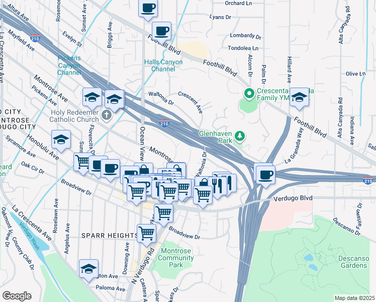 map of restaurants, bars, coffee shops, grocery stores, and more near 2160 Glenada Avenue in La Crescenta-Montrose