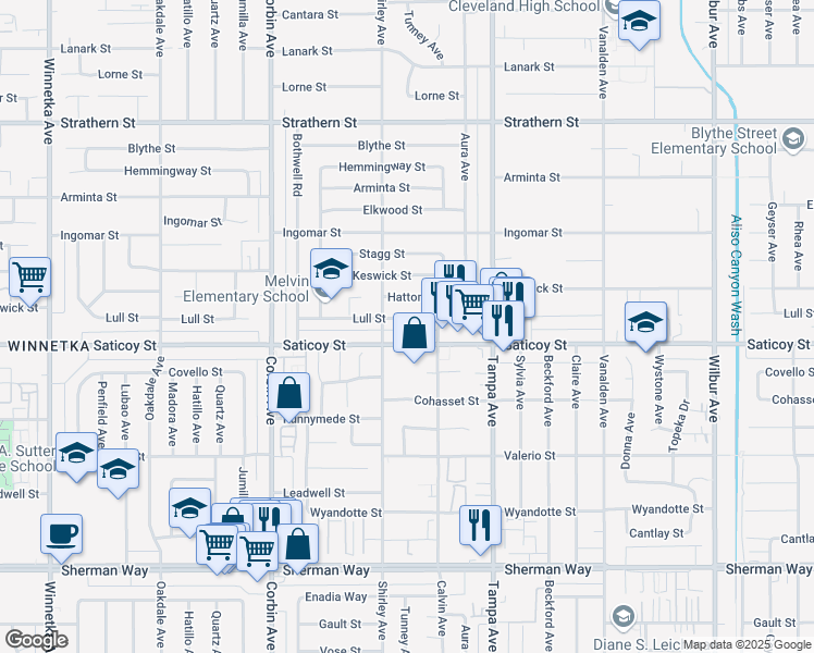 map of restaurants, bars, coffee shops, grocery stores, and more near 19436 Lull Street in Los Angeles