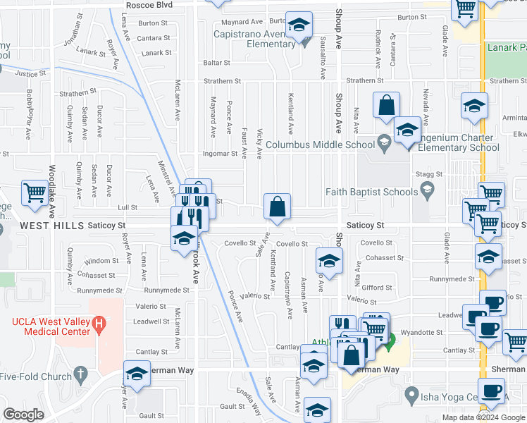 map of restaurants, bars, coffee shops, grocery stores, and more near 7621 Sale Avenue in Los Angeles