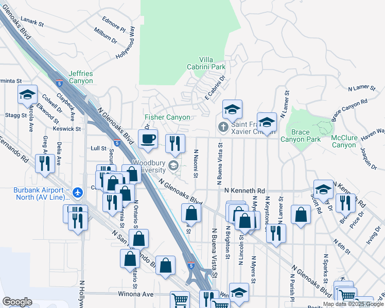 map of restaurants, bars, coffee shops, grocery stores, and more near 3123 North Naomi Street in Burbank