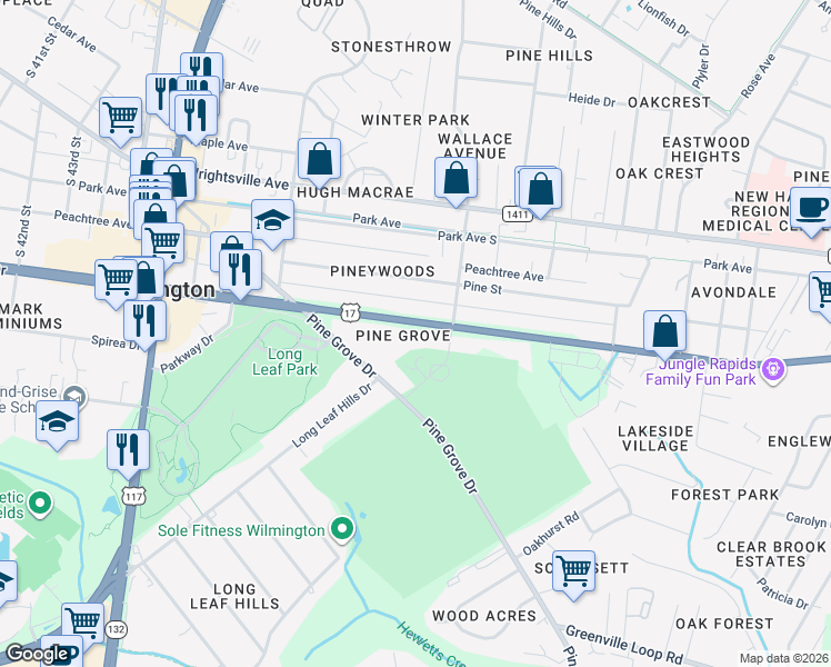 map of restaurants, bars, coffee shops, grocery stores, and more near 4932 Oleander Drive in Wilmington