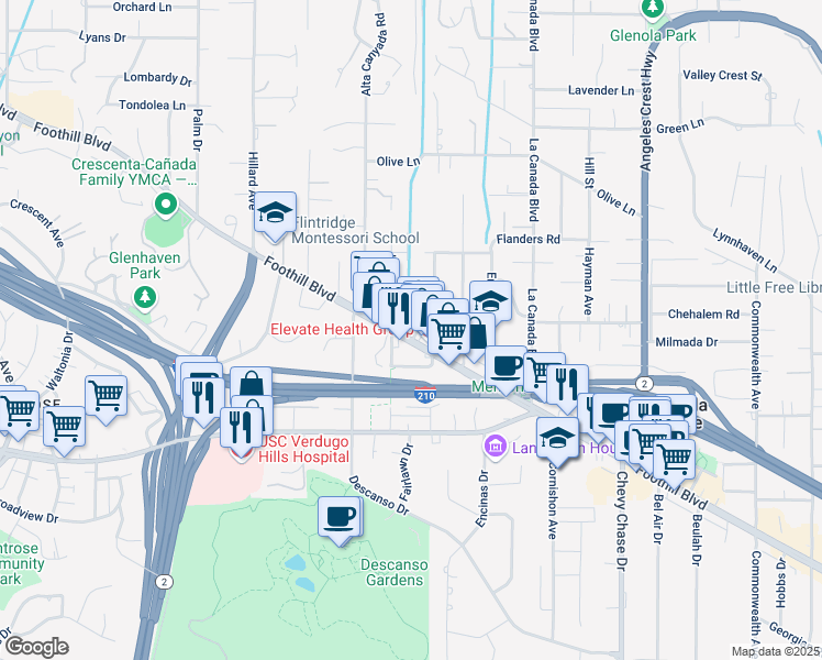map of restaurants, bars, coffee shops, grocery stores, and more near 1419 Foothill Boulevard in La Cañada Flintridge