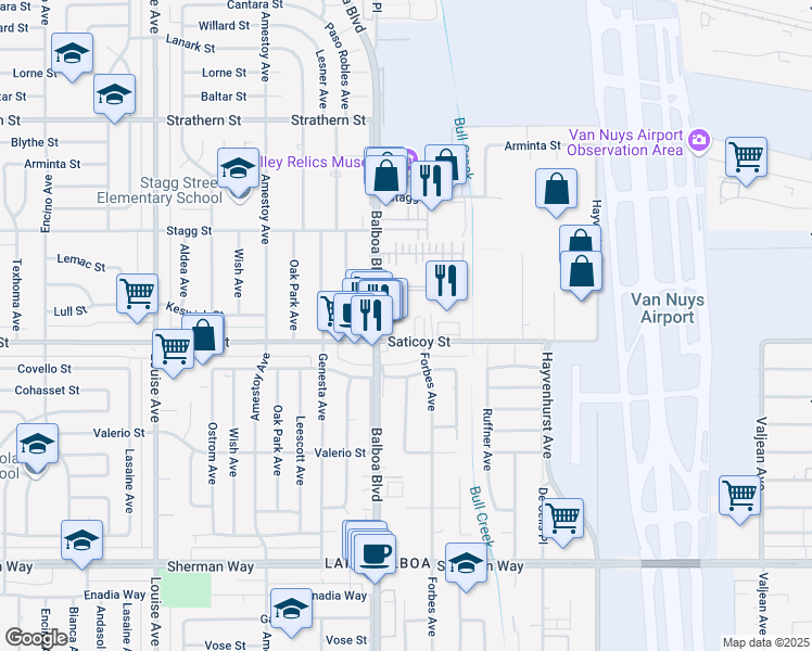 map of restaurants, bars, coffee shops, grocery stores, and more near 16829 Saticoy Street in Los Angeles