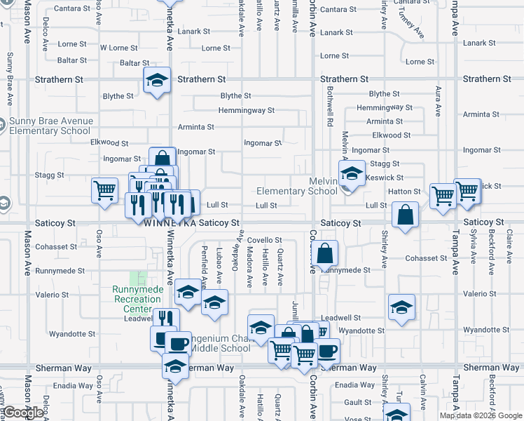 map of restaurants, bars, coffee shops, grocery stores, and more near 19828 Lull Street in Los Angeles