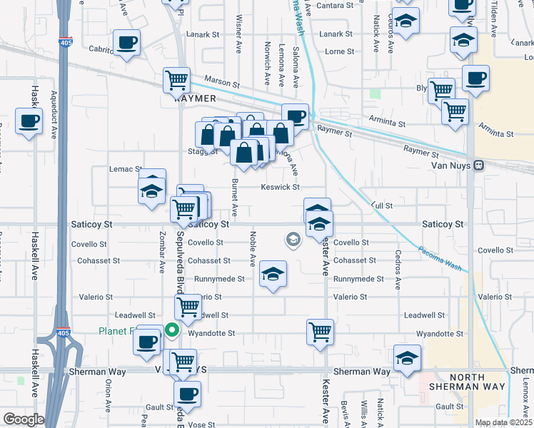 map of restaurants, bars, coffee shops, grocery stores, and more near 15045 Saticoy Street in Los Angeles