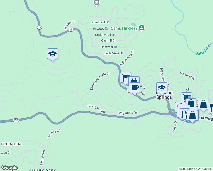 map of restaurants, bars, coffee shops, grocery stores, and more near 31414 Panorama Drive in Running Springs
