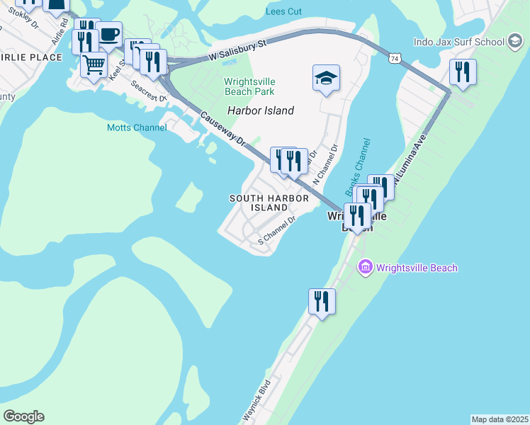 map of restaurants, bars, coffee shops, grocery stores, and more near 113 Cypress Ave in Wrightsville Beach