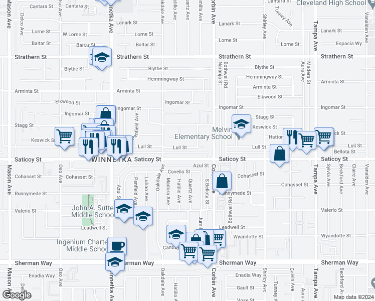 map of restaurants, bars, coffee shops, grocery stores, and more near 19800 Lull Street in Los Angeles