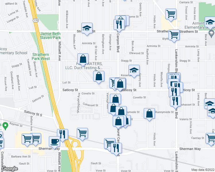 map of restaurants, bars, coffee shops, grocery stores, and more near 12147 Saticoy Street in Los Angeles