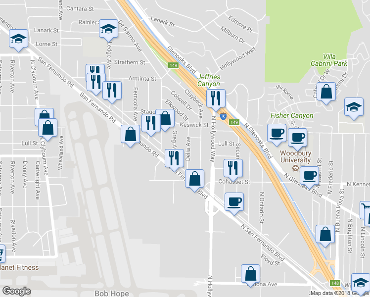 map of restaurants, bars, coffee shops, grocery stores, and more near 7607 Delia Avenue in Los Angeles