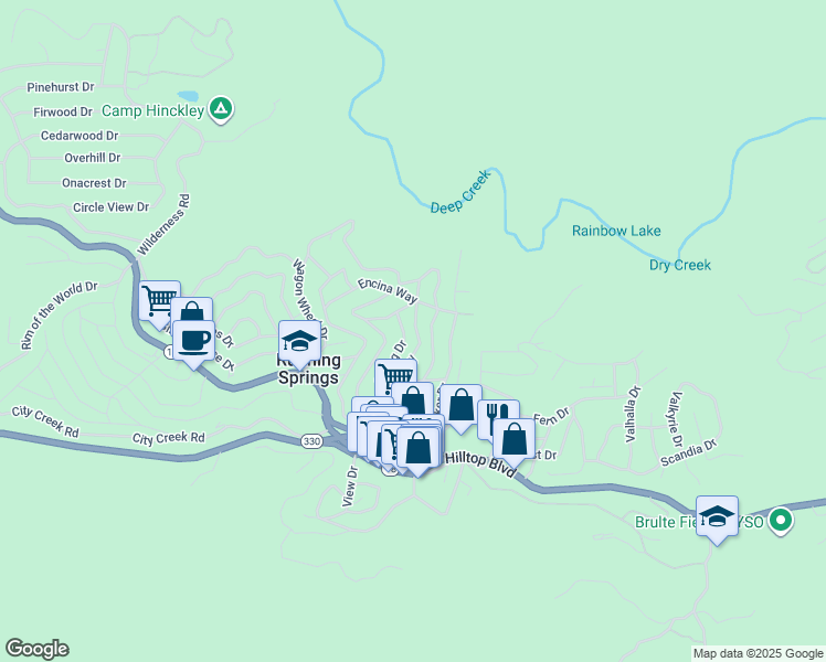 map of restaurants, bars, coffee shops, grocery stores, and more near 2462 Palo Alto Way in Running Springs