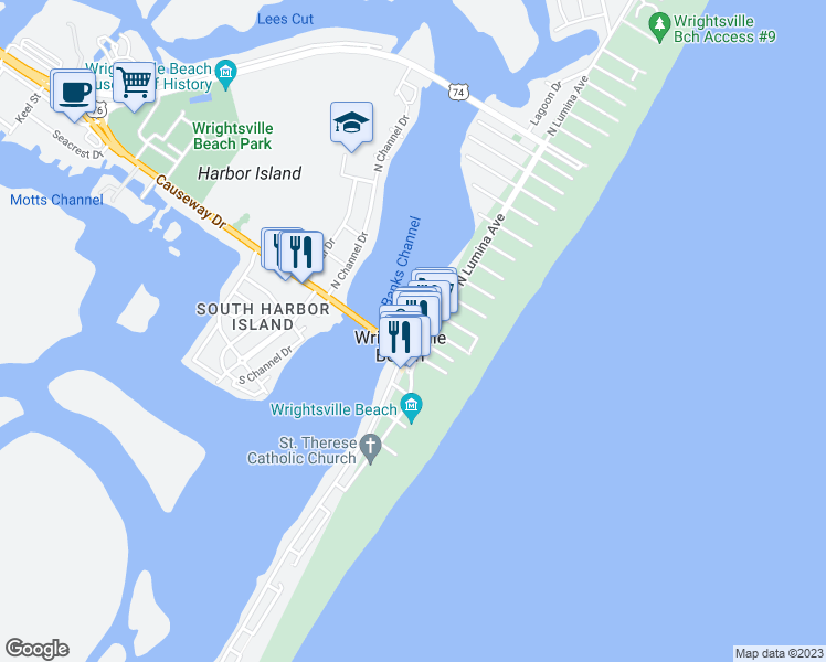 map of restaurants, bars, coffee shops, grocery stores, and more near 15A Sweeney Avenue in Wrightsville Beach