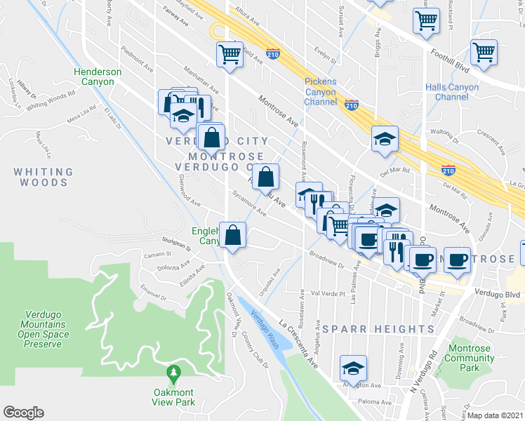 map of restaurants, bars, coffee shops, grocery stores, and more near 3703 Agner Avenue in Glendale