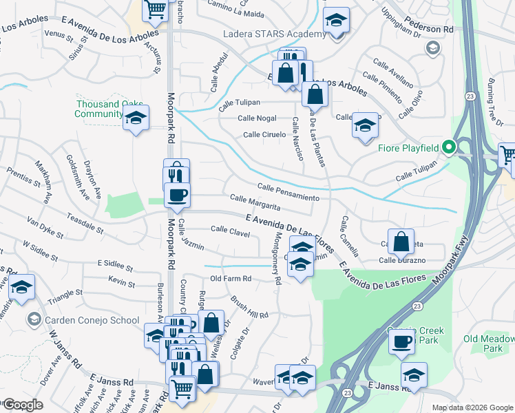 map of restaurants, bars, coffee shops, grocery stores, and more near 916 Calle Margarita in Thousand Oaks