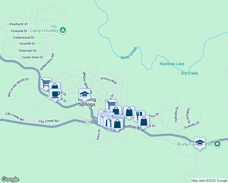 map of restaurants, bars, coffee shops, grocery stores, and more near 2459 Spring Drive in Running Springs