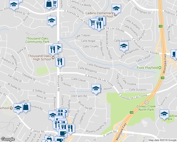 map of restaurants, bars, coffee shops, grocery stores, and more near 916 Calle Margarita in Thousand Oaks