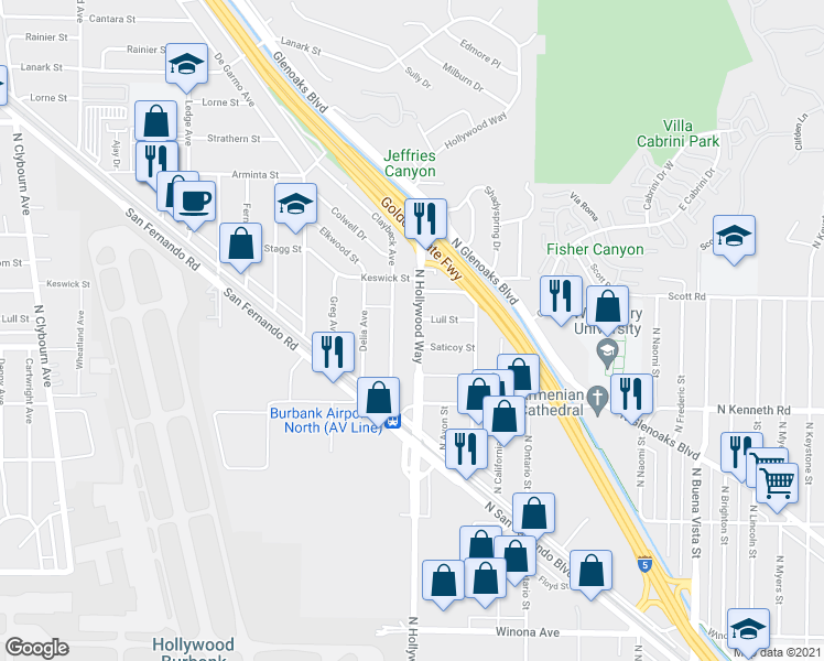 map of restaurants, bars, coffee shops, grocery stores, and more near 7622 North Hollywood Way in Burbank