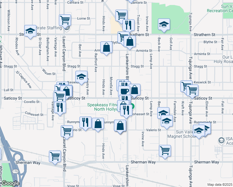 map of restaurants, bars, coffee shops, grocery stores, and more near 11727 Saticoy Street in Los Angeles