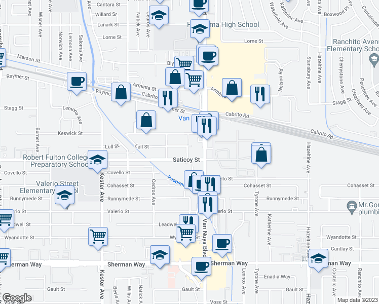 map of restaurants, bars, coffee shops, grocery stores, and more near 14547 Saticoy Street in Los Angeles