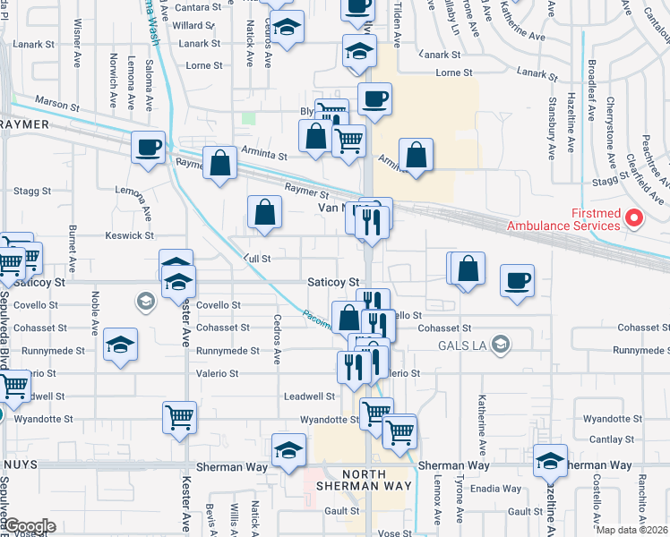 map of restaurants, bars, coffee shops, grocery stores, and more near 14547 Saticoy Street in Los Angeles